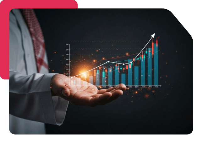 Man in Saudi attire holding a glowing holographic bar chart with rising trend, symbolizing financial growth.